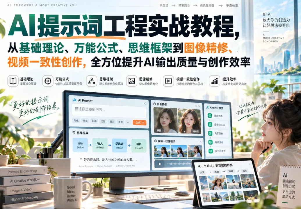AI提示词工程实战教程，从基础理论、万能公式、思维框架到图像精修、视频一致性创作，全方位提升AI输出质量与创作效率-Ai资源库
