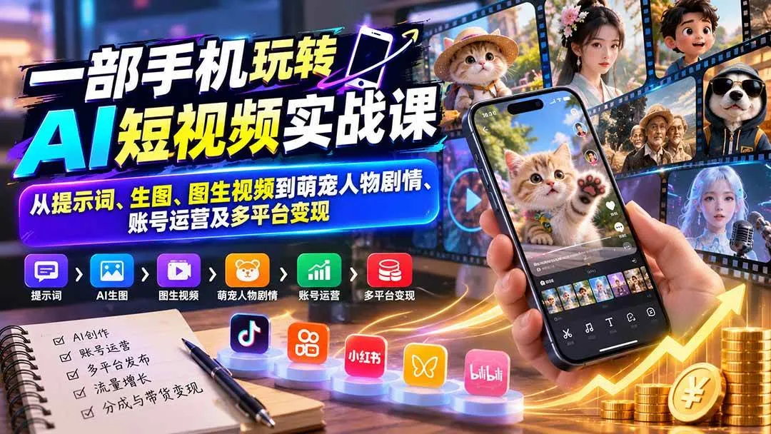 （20663期）一部手机玩转AI短视频实战课：从提示词、生图、图生视频到萌宠人物剧情、账号运营及多平台变现-Ai资源库