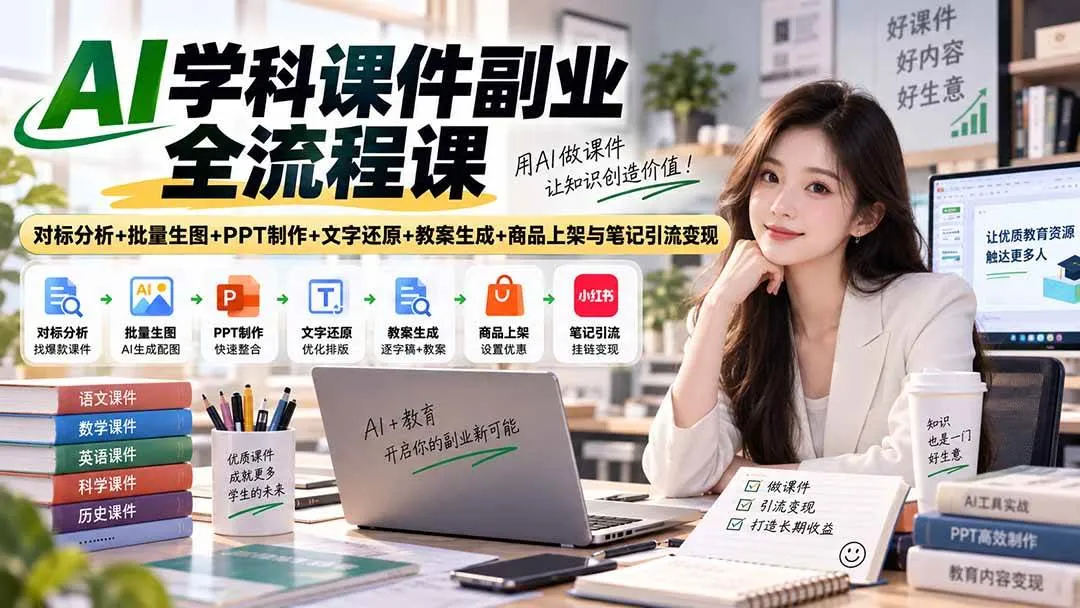 (20469期)AI学科课件副业全流程课|对标分析+批量生图+PPT制作+文字还原+教案生成+商品上架与笔记引流变现-Ai资源库