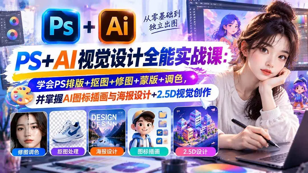(20749期)【无水印】PS+AI视觉设计全能实战课:学会PS排版+抠图+修图+蒙版+调色,并掌握AI图标插画与海报设计+2.5D视觉创作 (20749期)【无水印】PS+AI视觉设计全能实战课:学会PS排版+抠图+修图+蒙版+调色,并掌握AI图标插画与海报设计+2.5D视觉创作