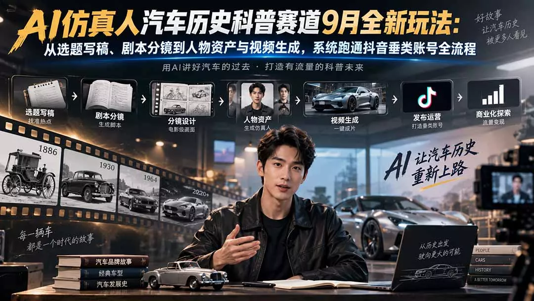 AI仿真人汽车历史科普赛道9月全新玩法：从选题写稿、剧本分镜到人物资产与视频生成，系统跑通抖音垂类账号全流程-Ai资源库