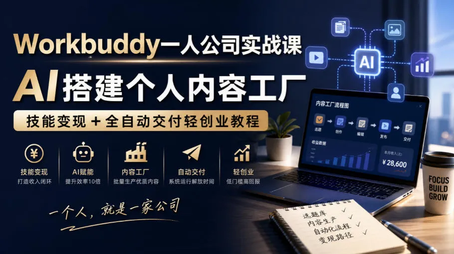Workbuddy一人公司实战课,AI搭建个人内容工厂,技能变现+全自动交付轻创业教程-Ai资源库