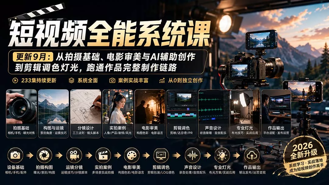 短视频全能系统课-9月完整版:从拍摄基础、电影审美与AI辅助创作到剪辑调色灯光,跑通作品完整制作链路-Ai资源库