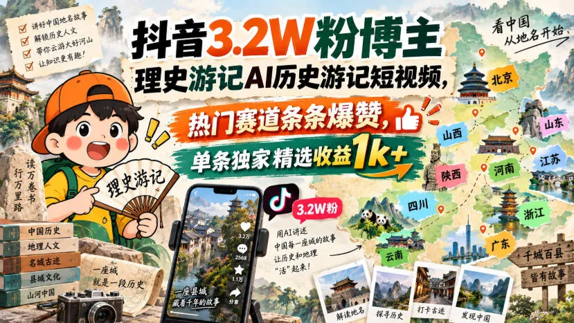 抖音3.2W粉博主理史游记AI历史游记短视频教学，热门赛道条条爆赞，单条独家精选收益1k+-Ai资源库