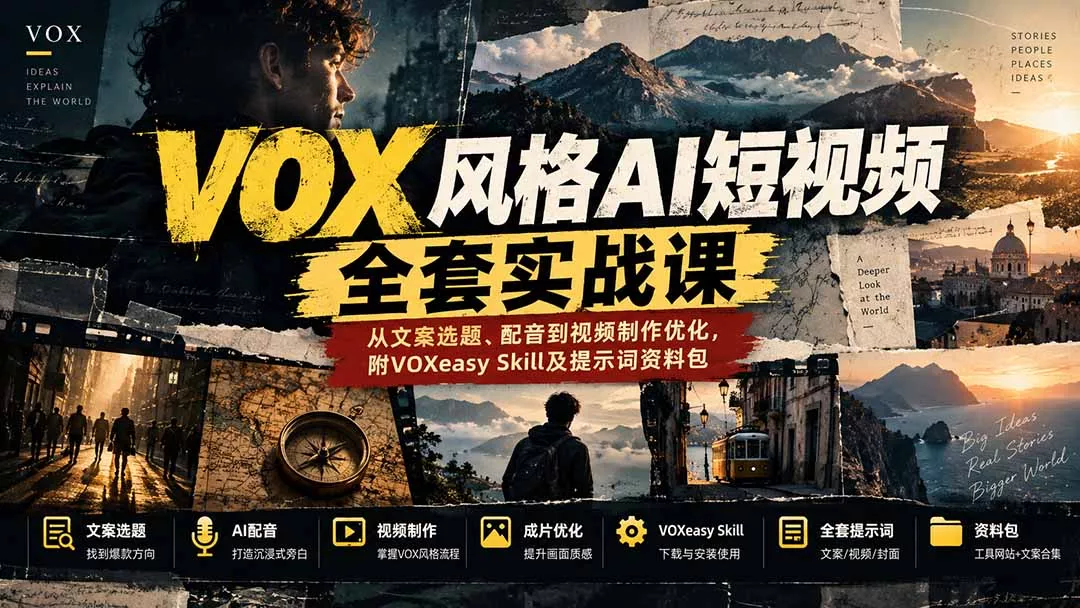 【无水印】VOX风格AI短视频全套实战课：从文案选题、配音到视频制作优化，附VOXeasy Skill及提示词资料包-Ai资源库