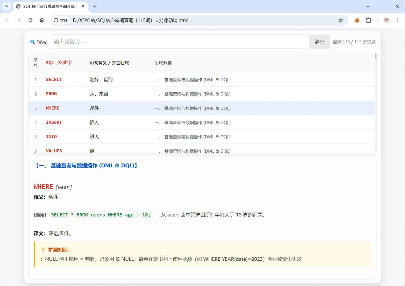 SQL常用核心单词查询115词html源码-Ai资源库