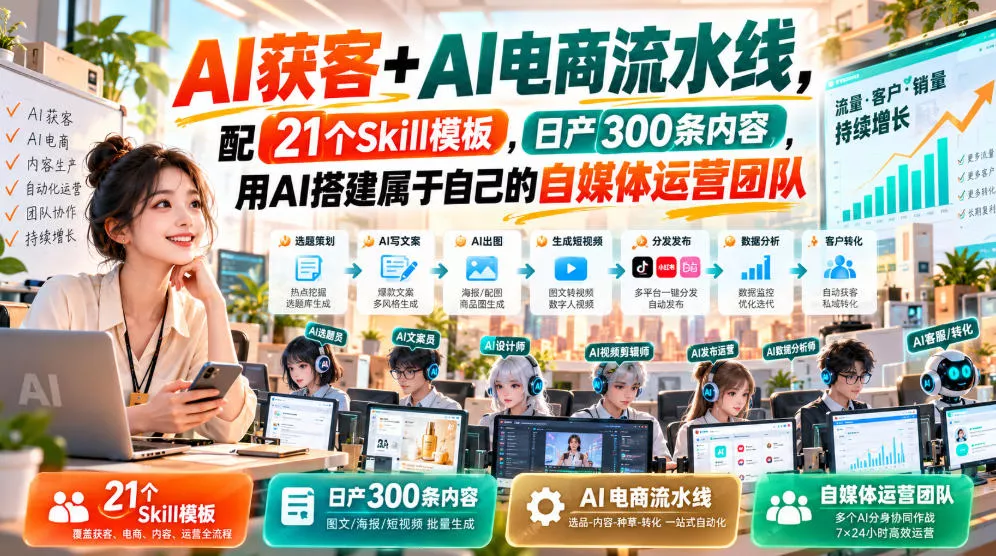 AI获客+AI电商流水线，配21个Skill模板，日产300条内容，用AI搭建属于自己的自媒体运营团队-Ai资源库