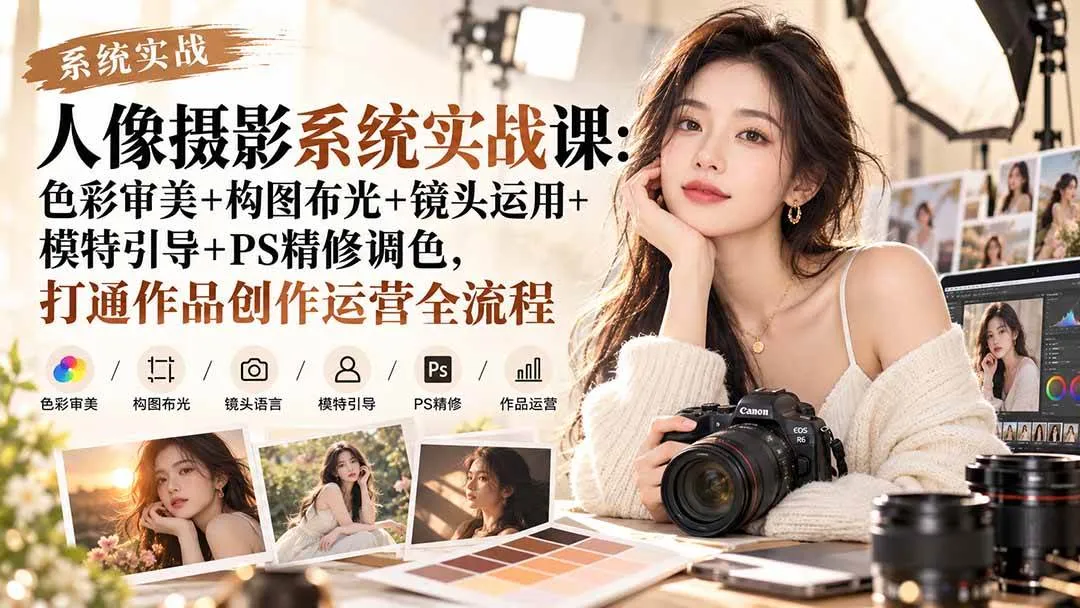 （20623期）【无水印】人像摄影系统实战课：色彩审美+构图布光+镜头运用+模特引导+PS精修调色，打通作品创作运营全流程-Ai资源库